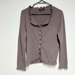 Pure Collection Cashmere Taupe Ruffle Edge Cardigan Womens Sz 14/ L